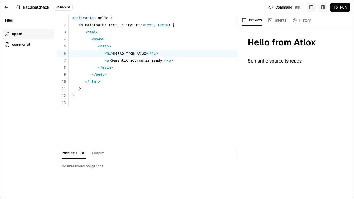 The Atlox IDE with files, semantic source, problems, and live preview
